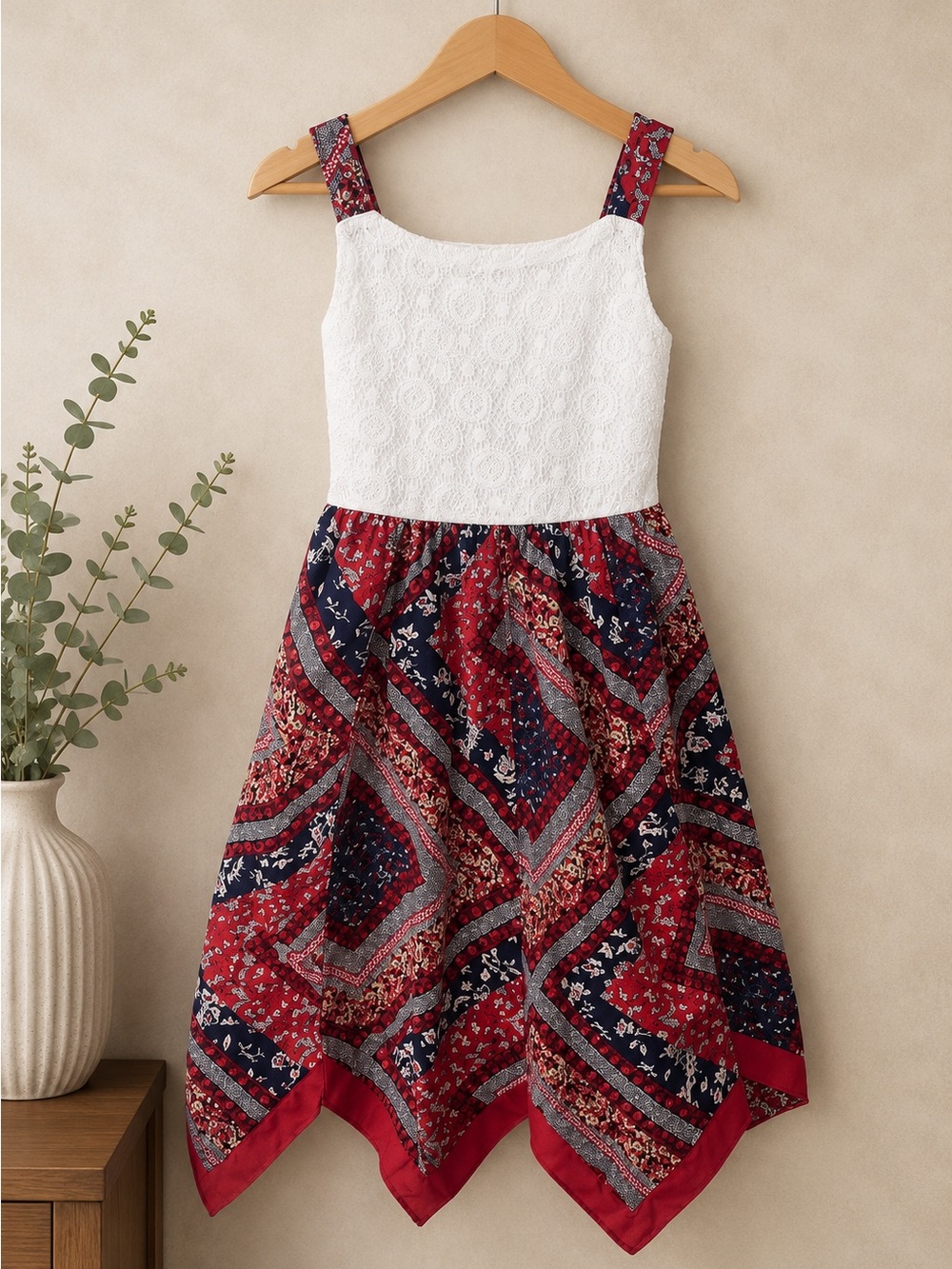 Blueberi Boulevard Girls Size 8 White Lace Handkerchief Hem Dress